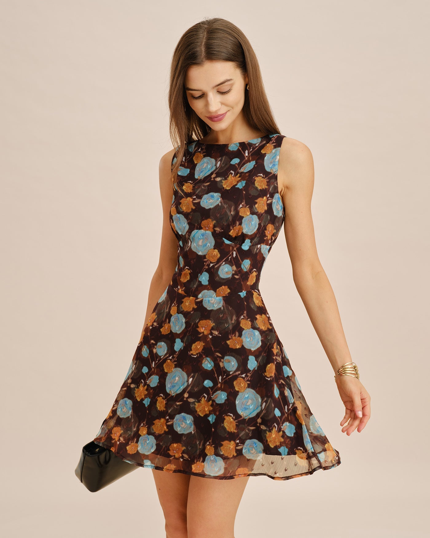 Floral Mini Dress with Boat Neck in Coffee Color