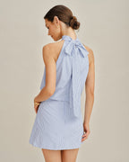 Striped Mini Dress with Blue Mock Neck and Tie Detail