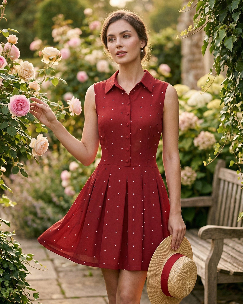 Polka Dot Mini Dress with Red Collar
