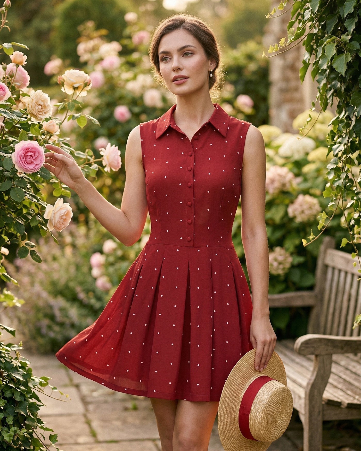Polka Dot Mini Dress with Red Collar