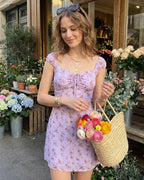Jacquard Mini Dress with Purple Sweetheart Neckline