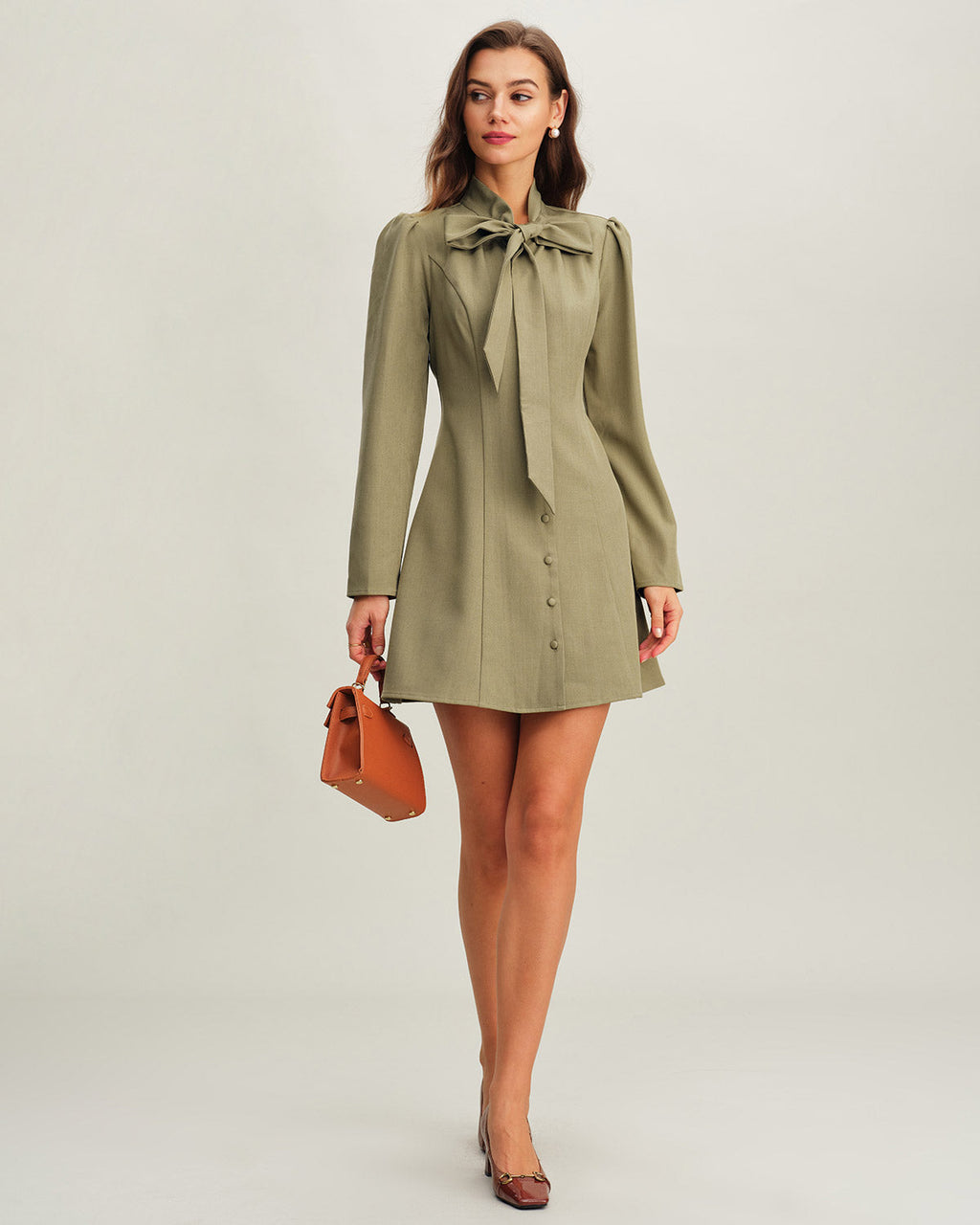 Green A-Line Mini Dress with Tie Neck Detail