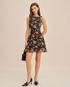Floral Mini Dress with Boat Neck in Coffee Color
