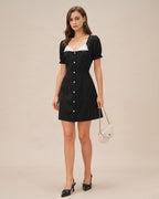 Polka Dot Mini Dress with V-Neck in Black