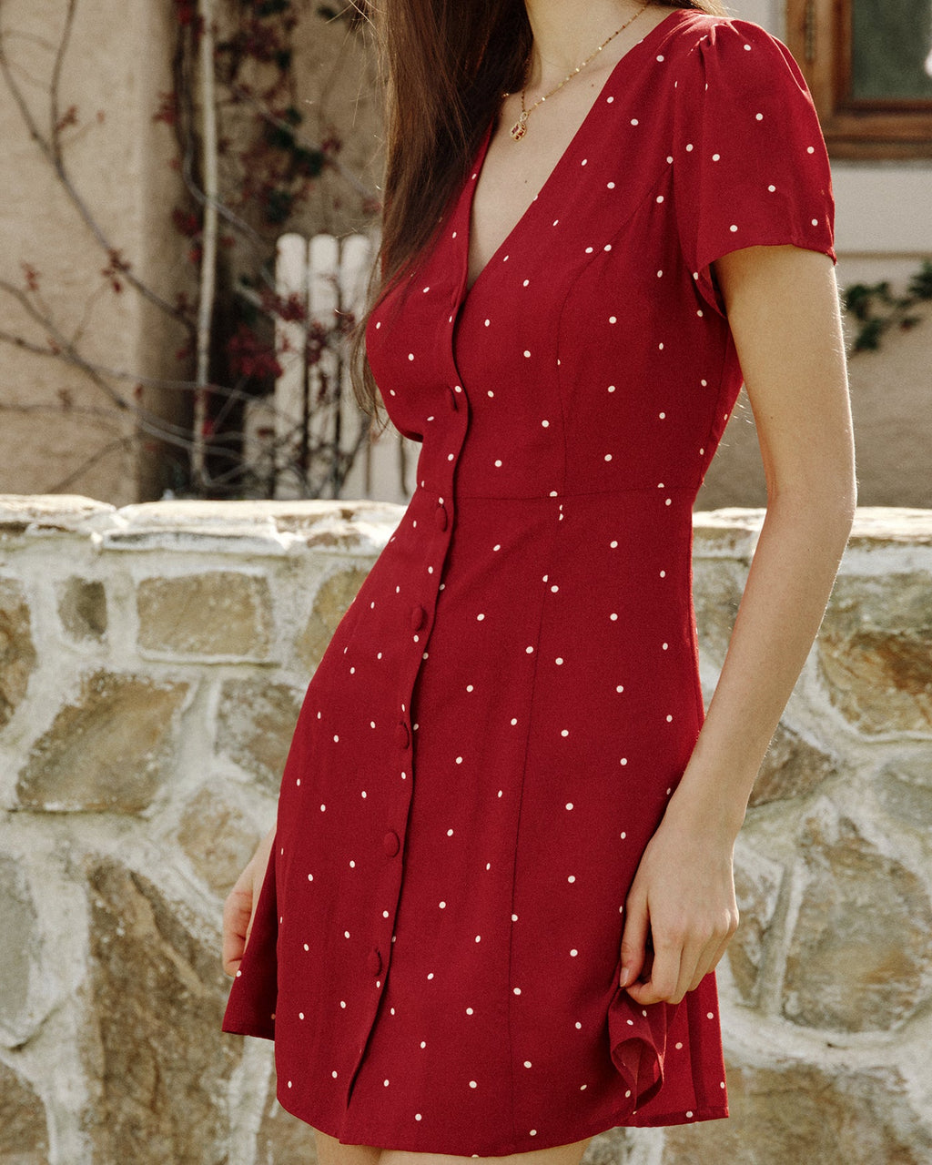 Wine Red V-Neck Mini Dress with Polka Dots