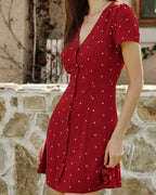 Wine Red V-Neck Mini Dress with Polka Dots