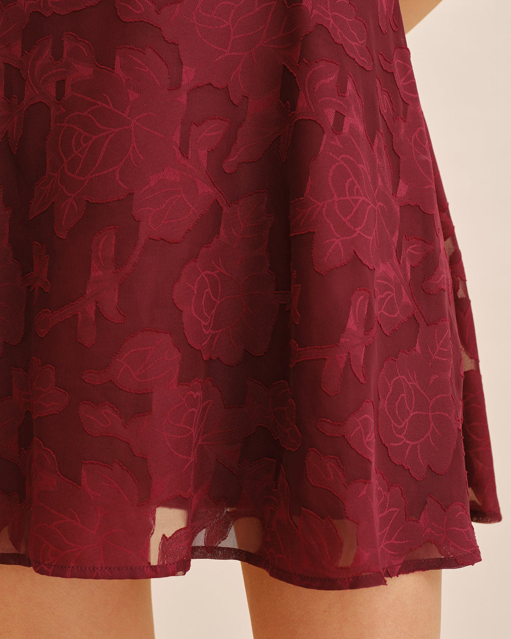 Wine Red Jacquard Mini Dress with Square Neckline