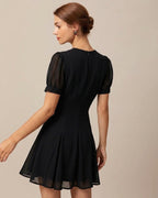 Black Mini Dress with V-Neck and Puffed Sleeves