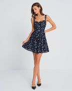 Navy Floral Mini Dress with Sweetheart Neckline