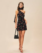 One-Shoulder Mini Dress in Black Jacquard