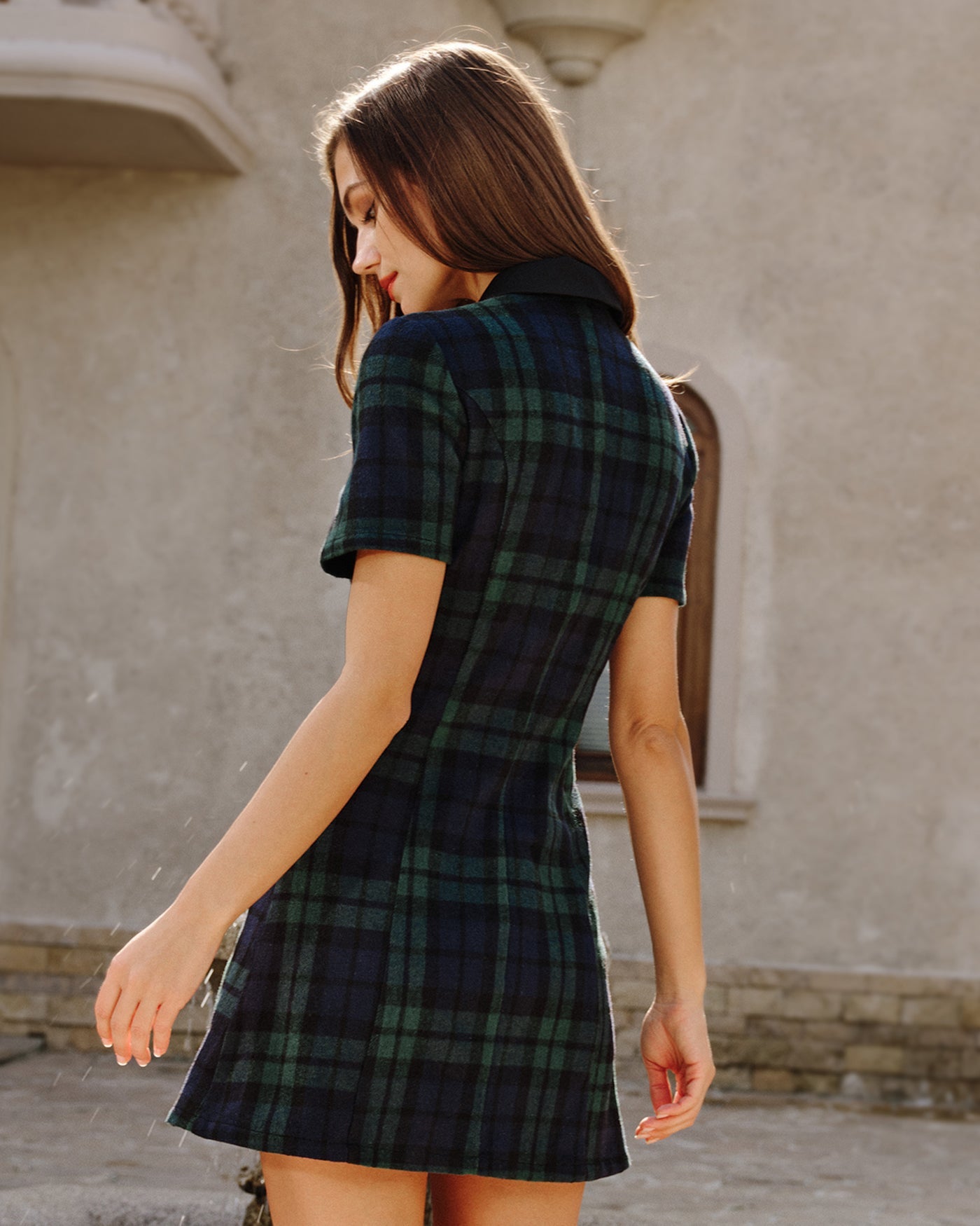 Mini Dress with Green Plaid Collar