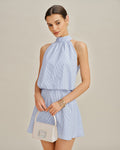 Striped Mini Dress with Blue Mock Neck and Tie Detail