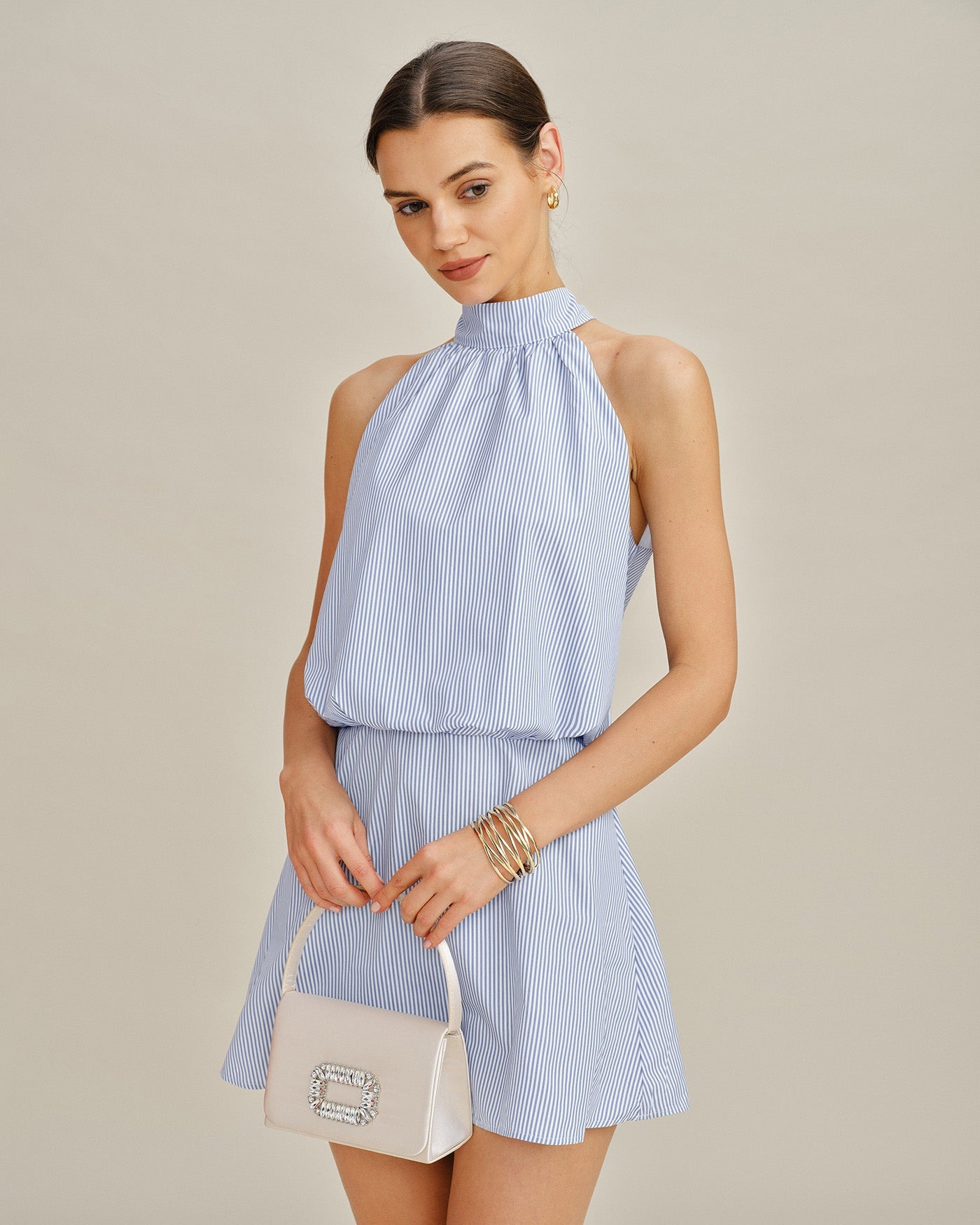 Striped Mini Dress with Blue Mock Neck and Tie Detail