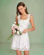 White Jacquard Mini Dress with Sweetheart Neckline