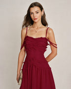 Strapless Mini Dress in Red Chiffon with Ruffle Details