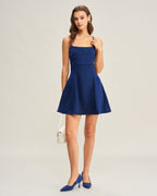 Navy Satin Pleated Mini Slip Dress
