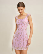 Jacquard Mini Dress with Purple Sweetheart Neckline