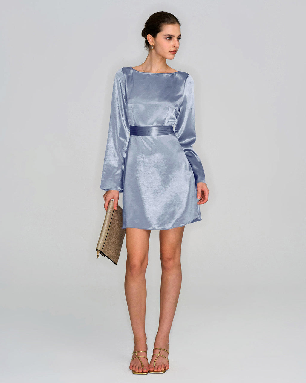 Blue Satin Mini Dress with Boat Neck
