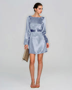 Blue Satin Mini Dress with Boat Neck