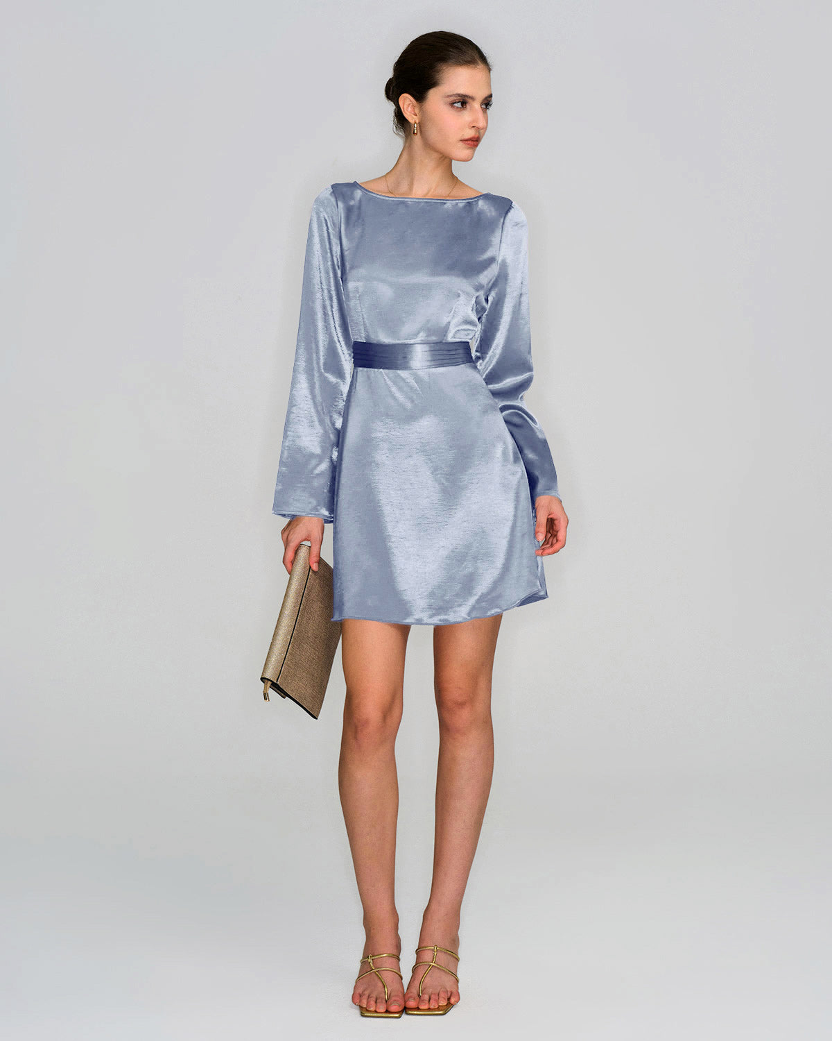 Blue Satin Mini Dress with Boat Neck