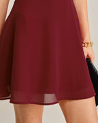 Wine Red Pleated Mini Dress with Boat Neck