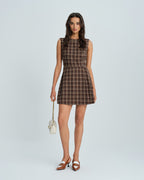 Brown Plaid Mini Dress with Sleeveless Design