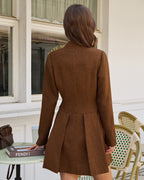 Brown A-Line Mini Dress with Ruched Detailing and Button Accents