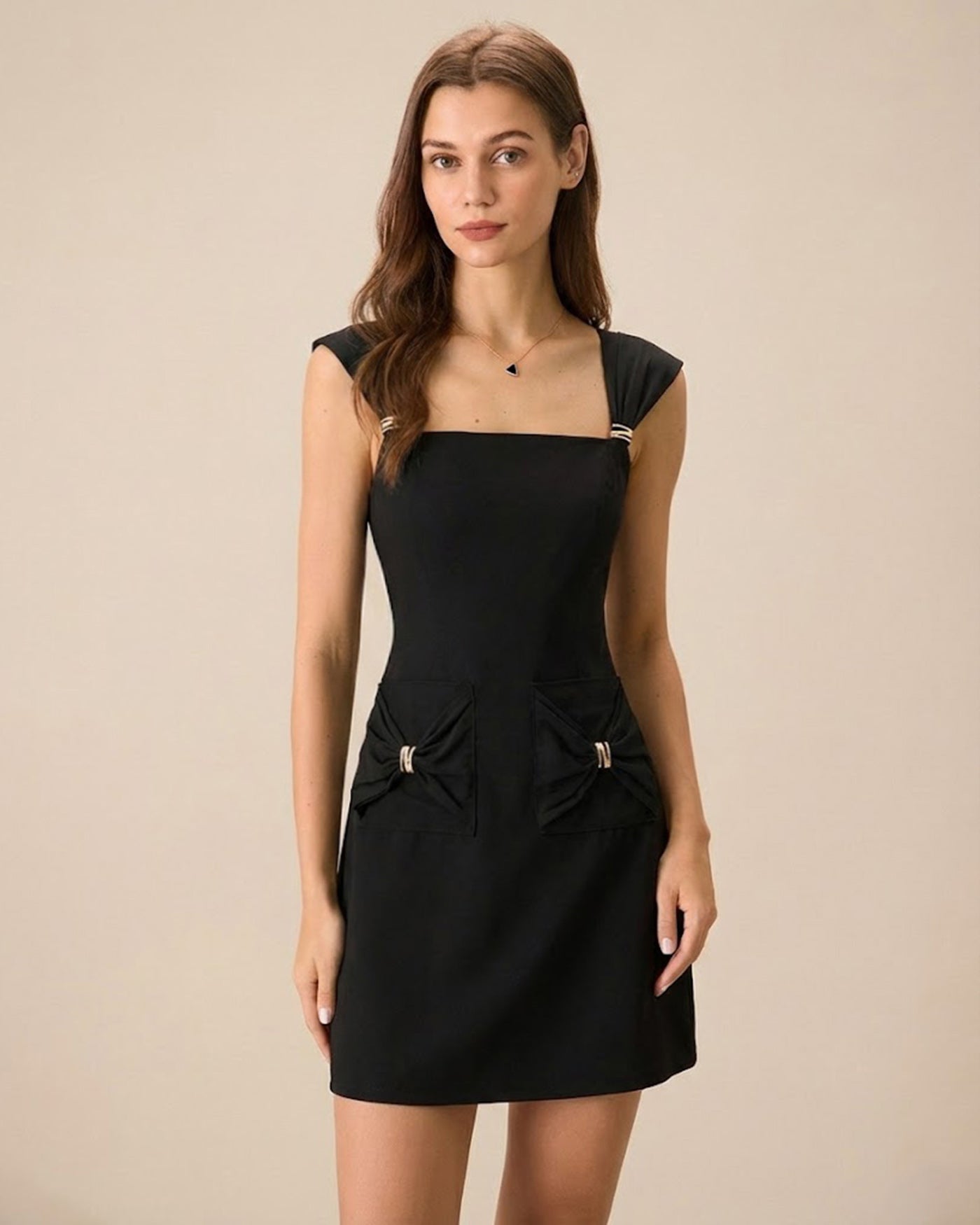 Black Mini Dress with Square Neck and Cap Sleeves