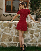 Wine Red V-Neck Mini Dress with Polka Dots