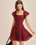 Wine Red Jacquard Mini Dress with Square Neckline