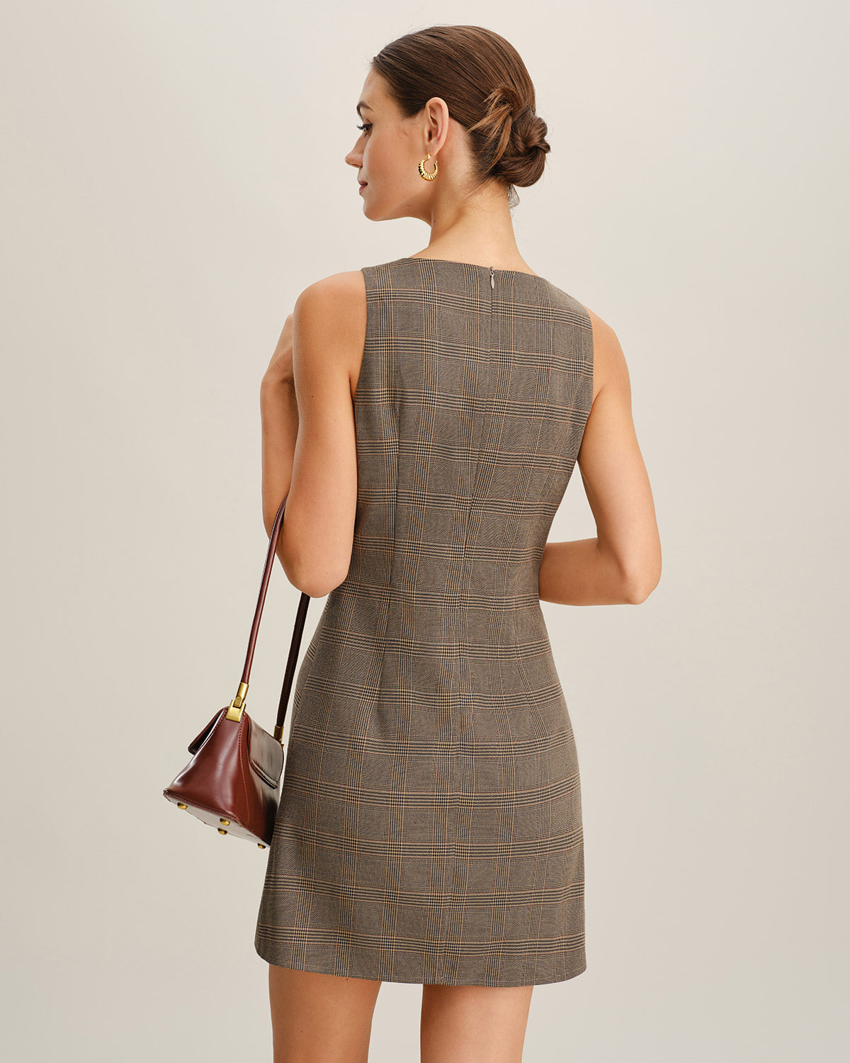Brown Checkered Sleeveless Mini Dress