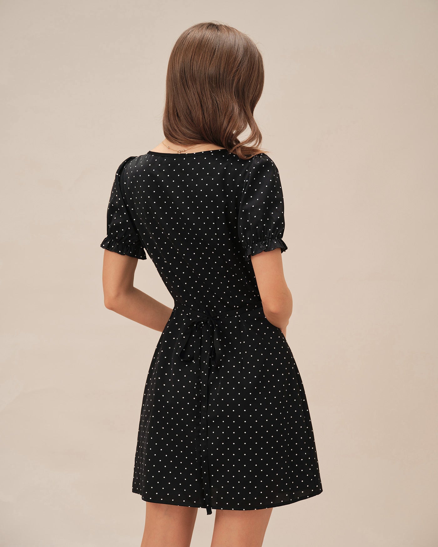 Polka Dot Mini Dress with V-Neck in Black