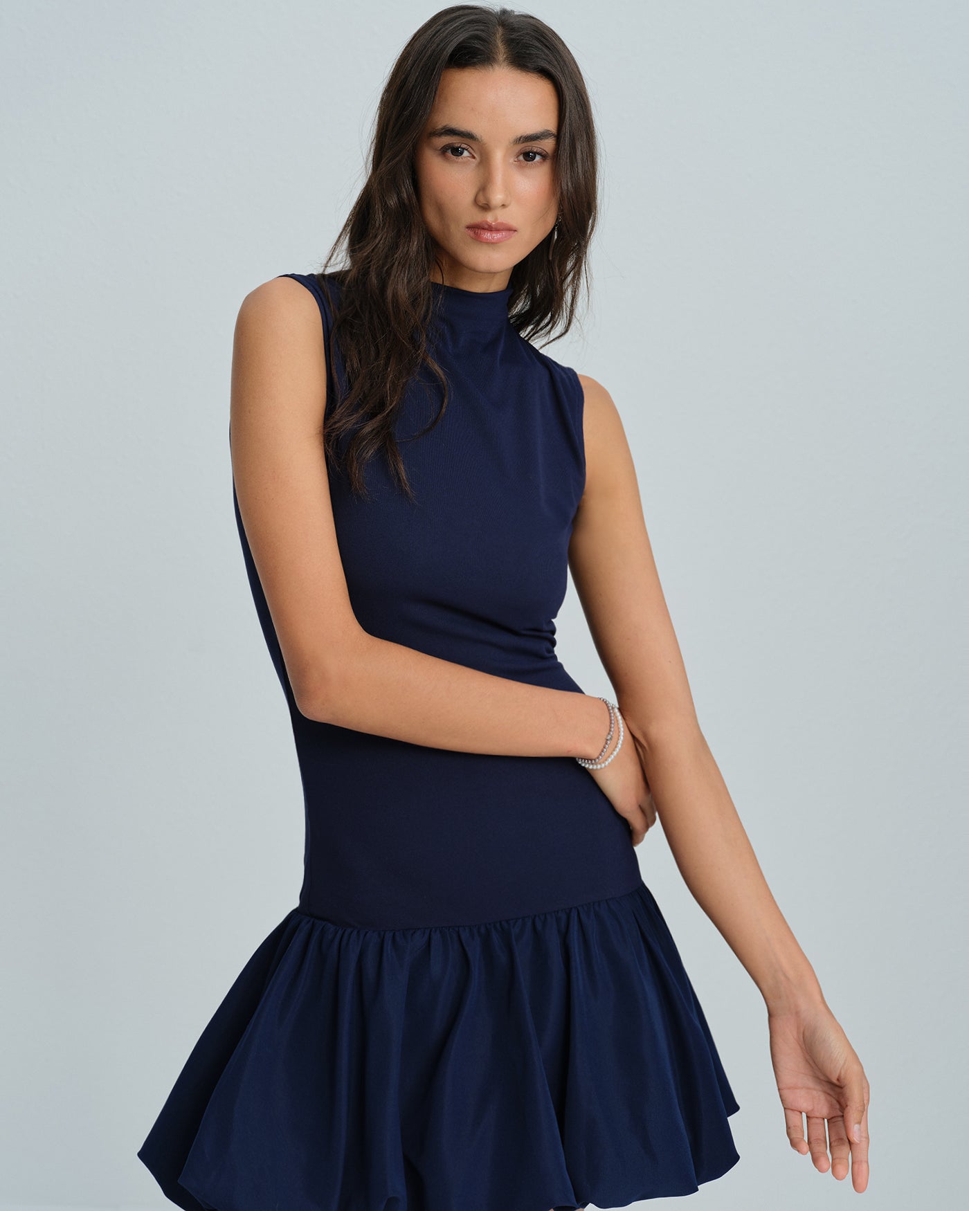 Navy Ruched Mini Dress with Mock Neck