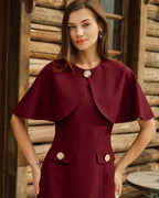 Wine Red Mini Dress with Cape Sleeves and Pockets