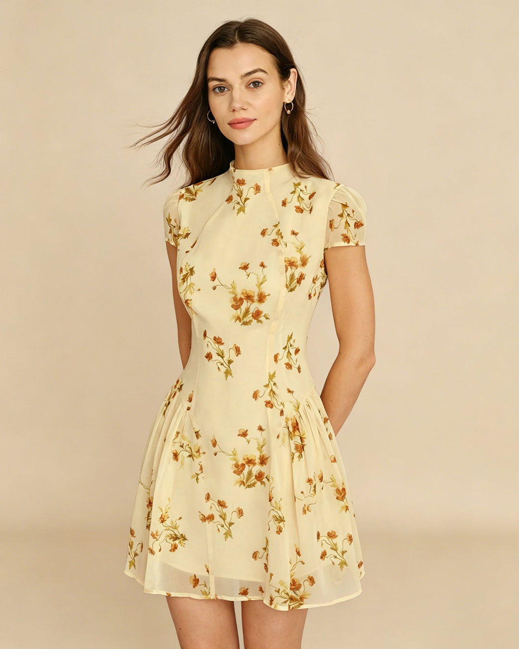 Floral Mini Dress in Soft Yellow with Turtle Print