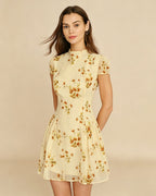Floral Mini Dress in Soft Yellow with Turtle Print