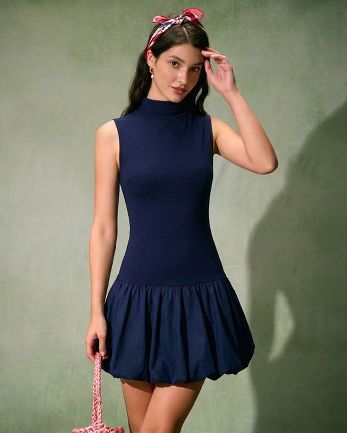 Navy Ruched Mini Dress with Mock Neck