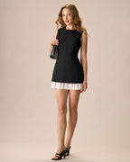 Women's Black Pleated Mini Dress with Splicing Details