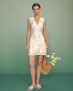 Floral Spliced Mini Dress in Apricot with V-Neck