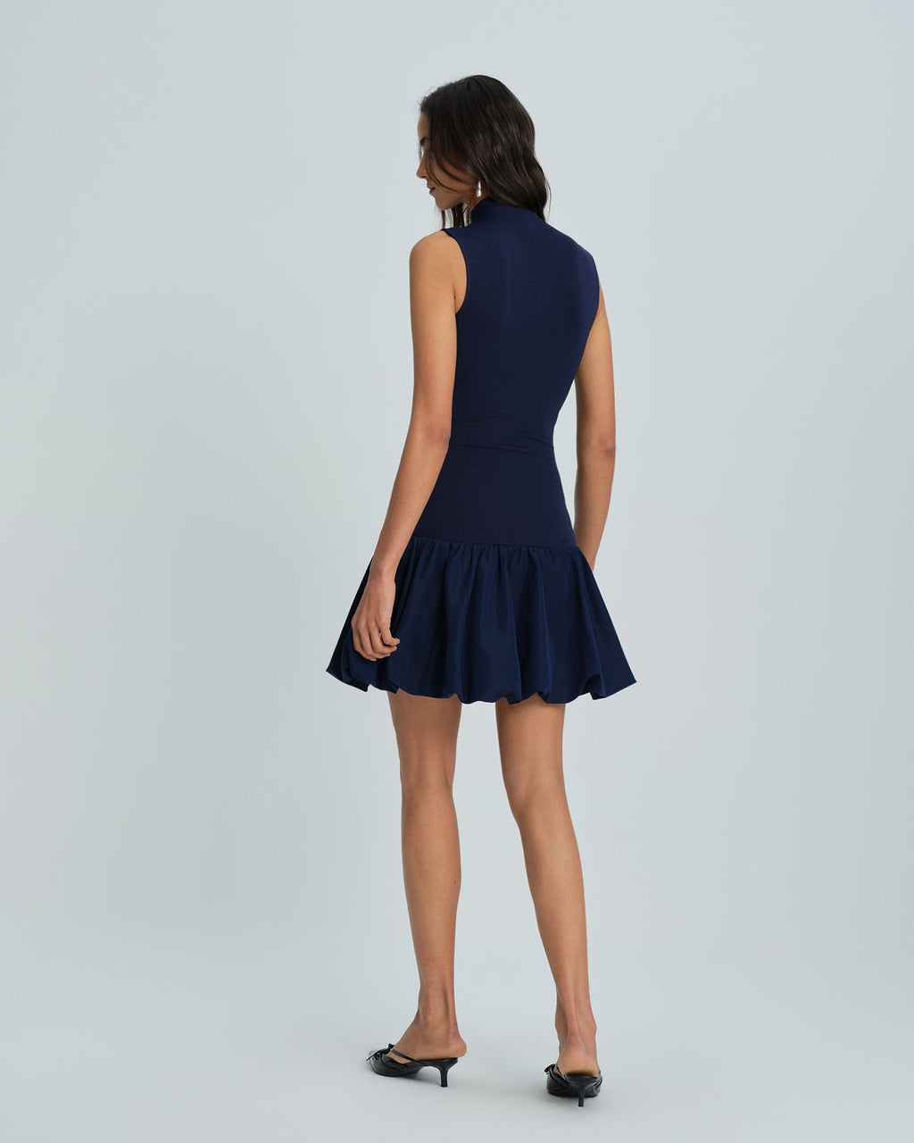 Navy Ruched Mini Dress with Mock Neck
