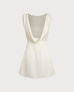 Pearl-Embellished Apricot Boat Neck Mini Dress