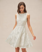 White Jacquard Mini Dress with Round Neck