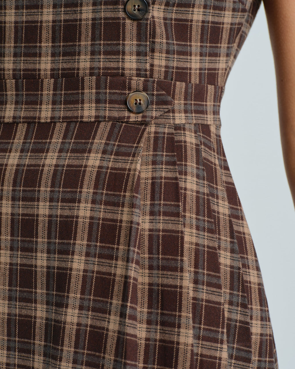 Brown Plaid Mini Dress with Sleeveless Design