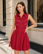 Mini Dress with Lace Button Details and Red Collar
