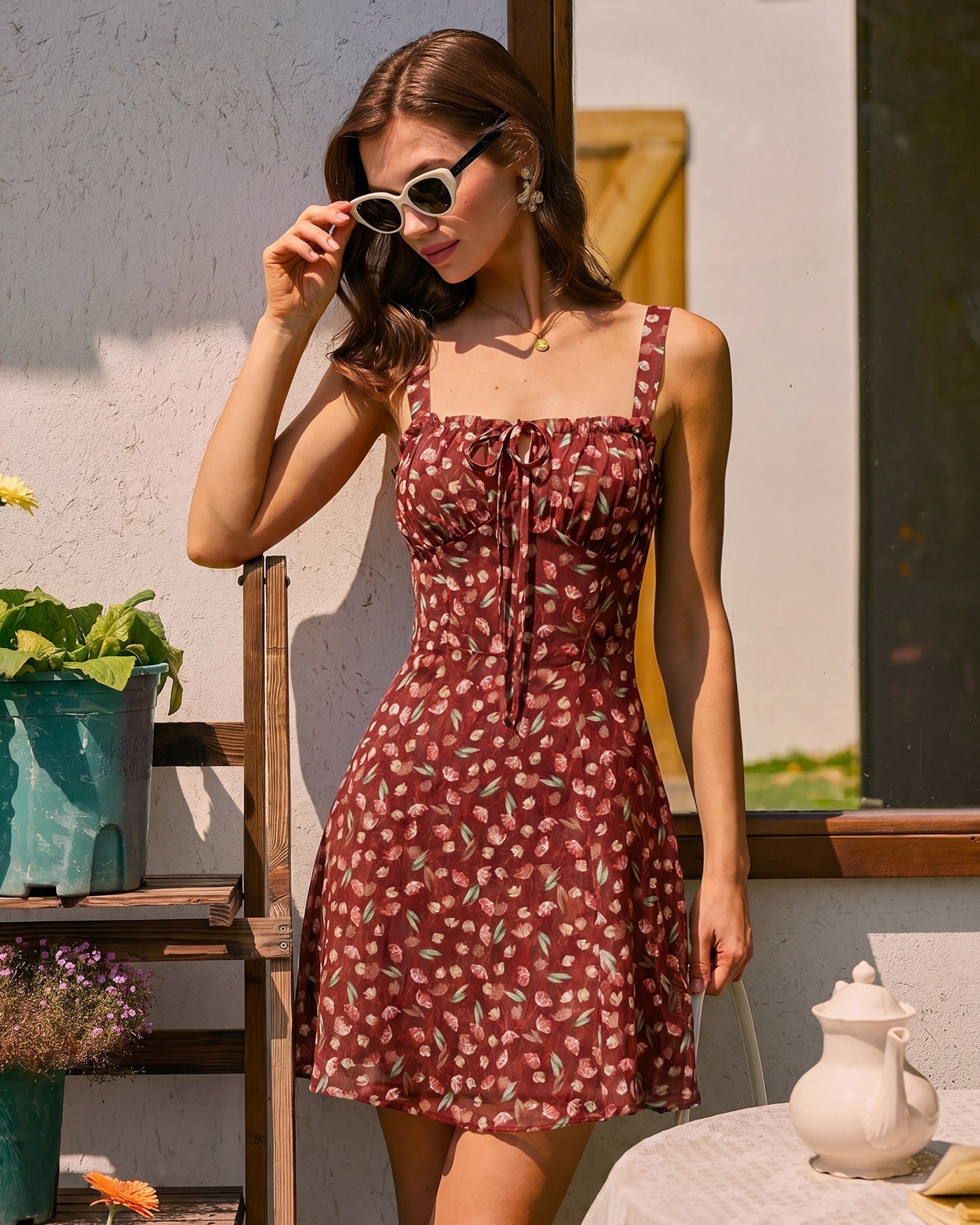 Floral Mini Dress with Red Tie Detail