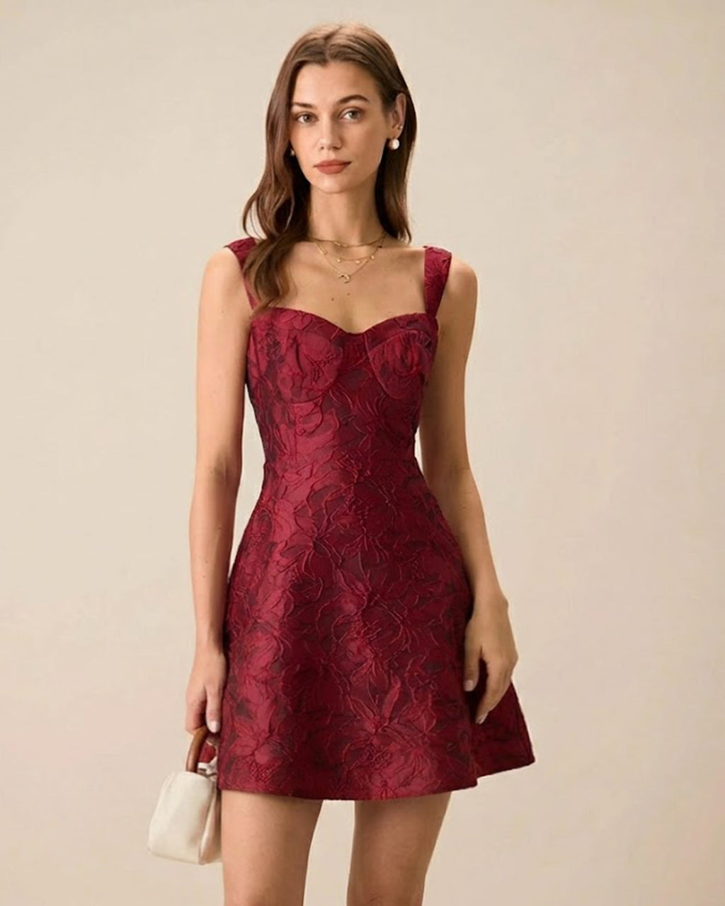 Wine Red Sweetheart Neck Jacquard Mini Dress" can be rewritten as "Jacquard Mini Dress with Sweetheart Neckline in Wine Red.
