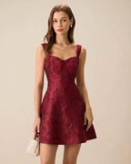 Wine Red Sweetheart Neck Jacquard Mini Dress" can be rewritten as "Jacquard Mini Dress with Sweetheart Neckline in Wine Red.