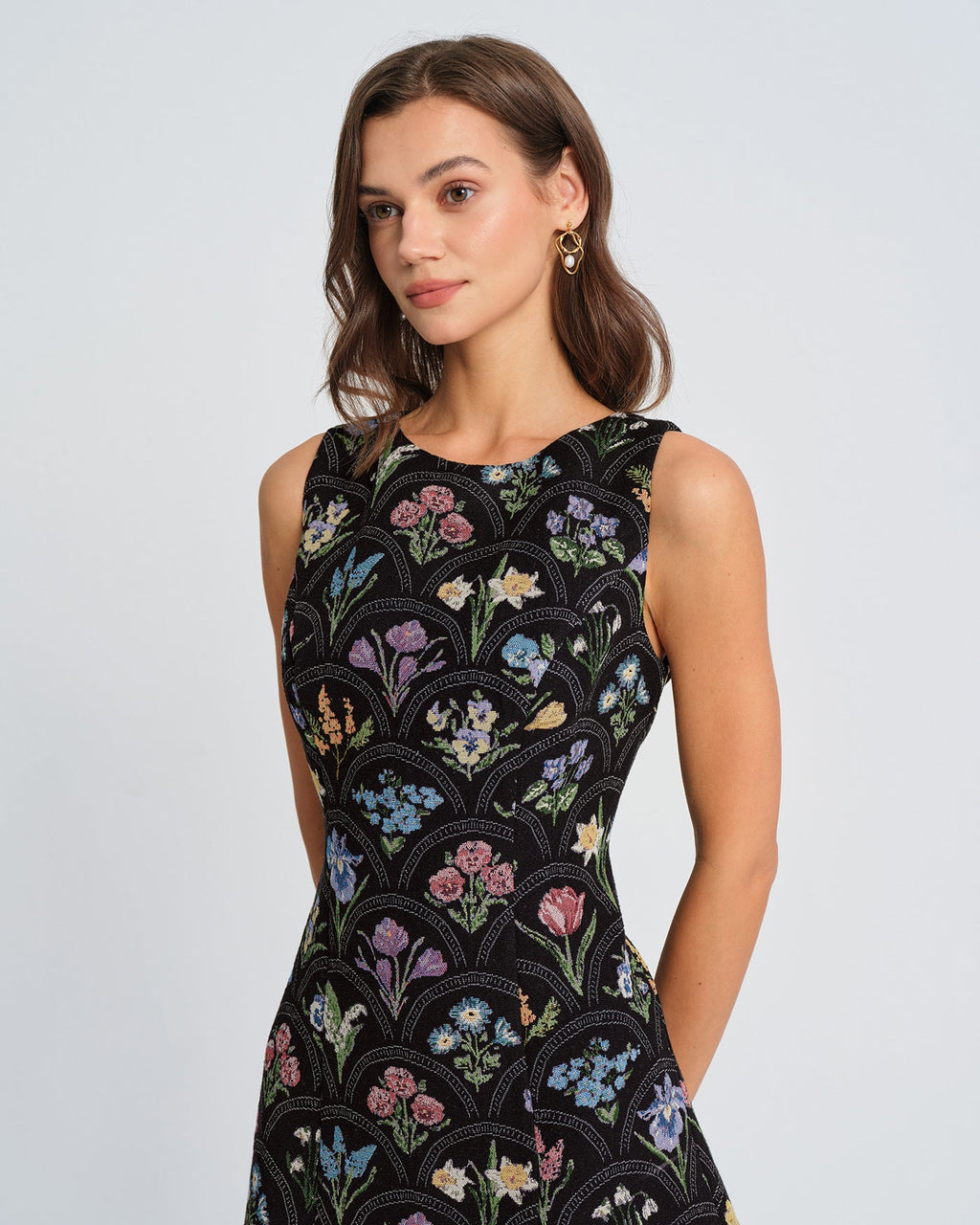 Floral Print Black Boat Neck Mini Dress