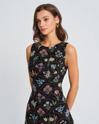 Floral Print Black Boat Neck Mini Dress