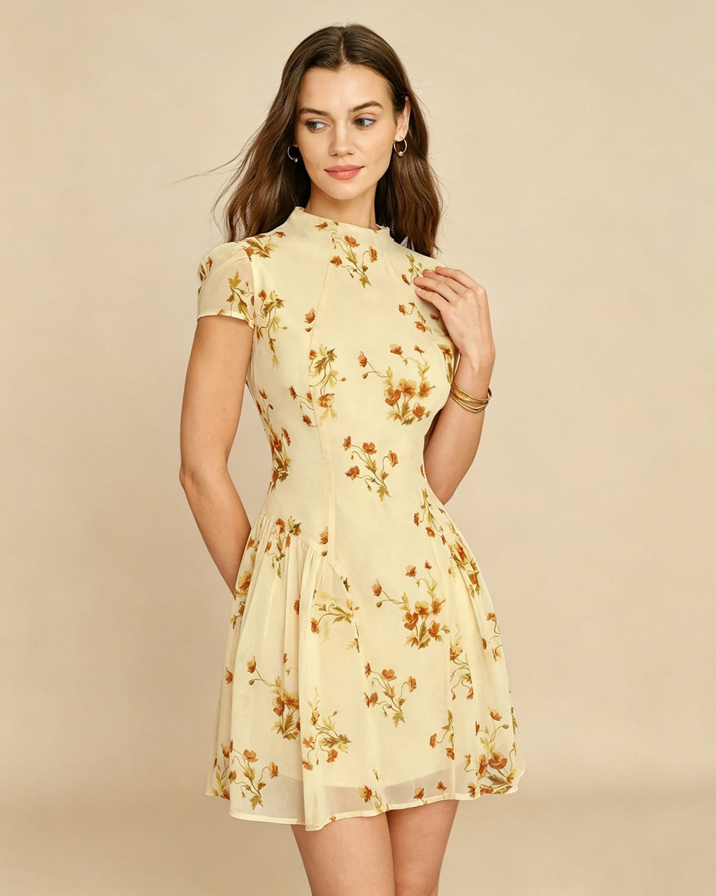 Floral Mini Dress in Soft Yellow with Turtle Print